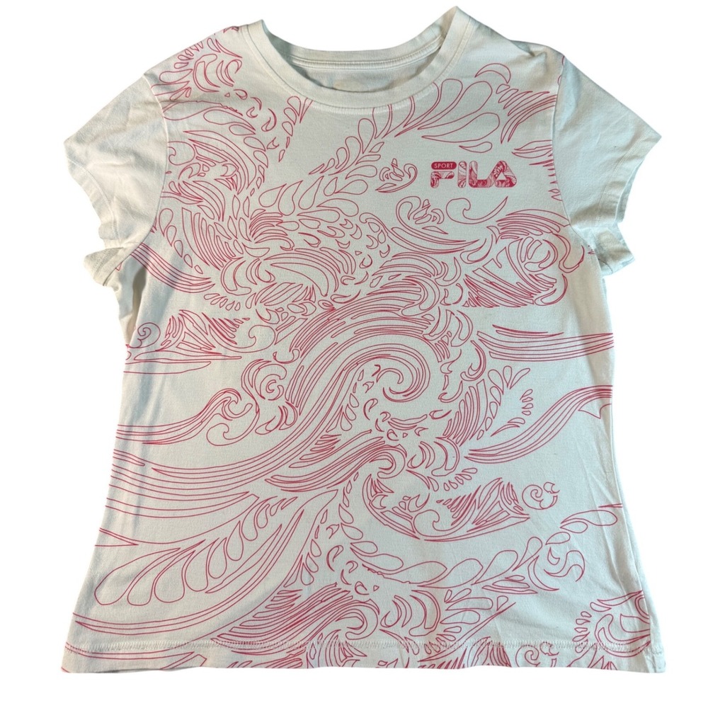Fila Sport Womens White Red Wave Swirl Graphic Print Crew Neck Short Sleeve Tee